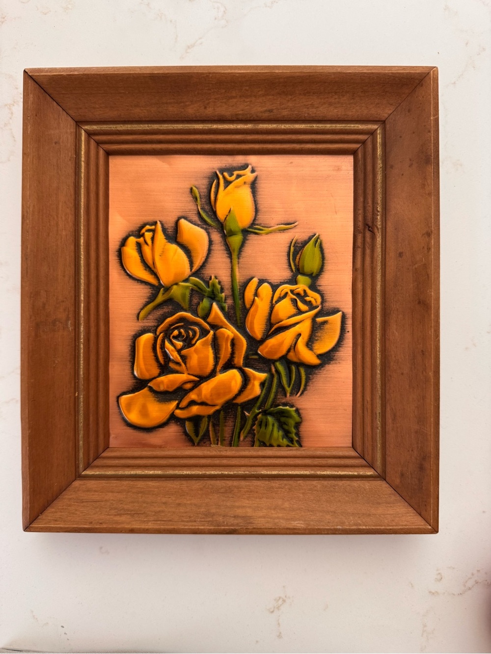 Vtg wooden framed copper roses